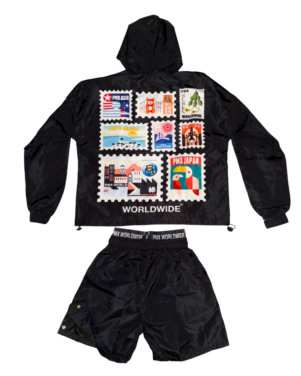 Black jacket and shorts set with PMX's postage stamp designs