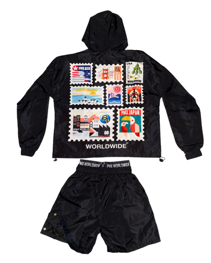 Black jacket and shorts set with PMX's postage stamp designs