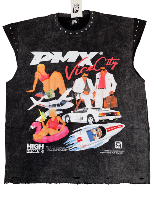 Black sleeveless shirt with colorful graphic design featuring people and vehicles, branded 'PMX Vice City'.